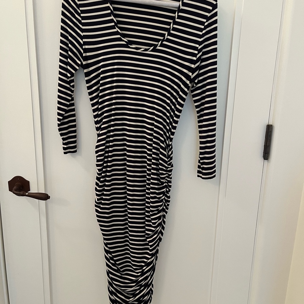 Ingrid & Isabel Navy and White Striped Midi Maternity Dress